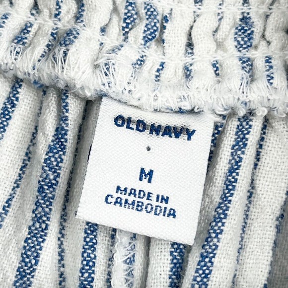 Old Navy Linen Cropped Jumpsuit Smocked Back Blue Stripe Boho Lagenlook - Picture 11 of 16
